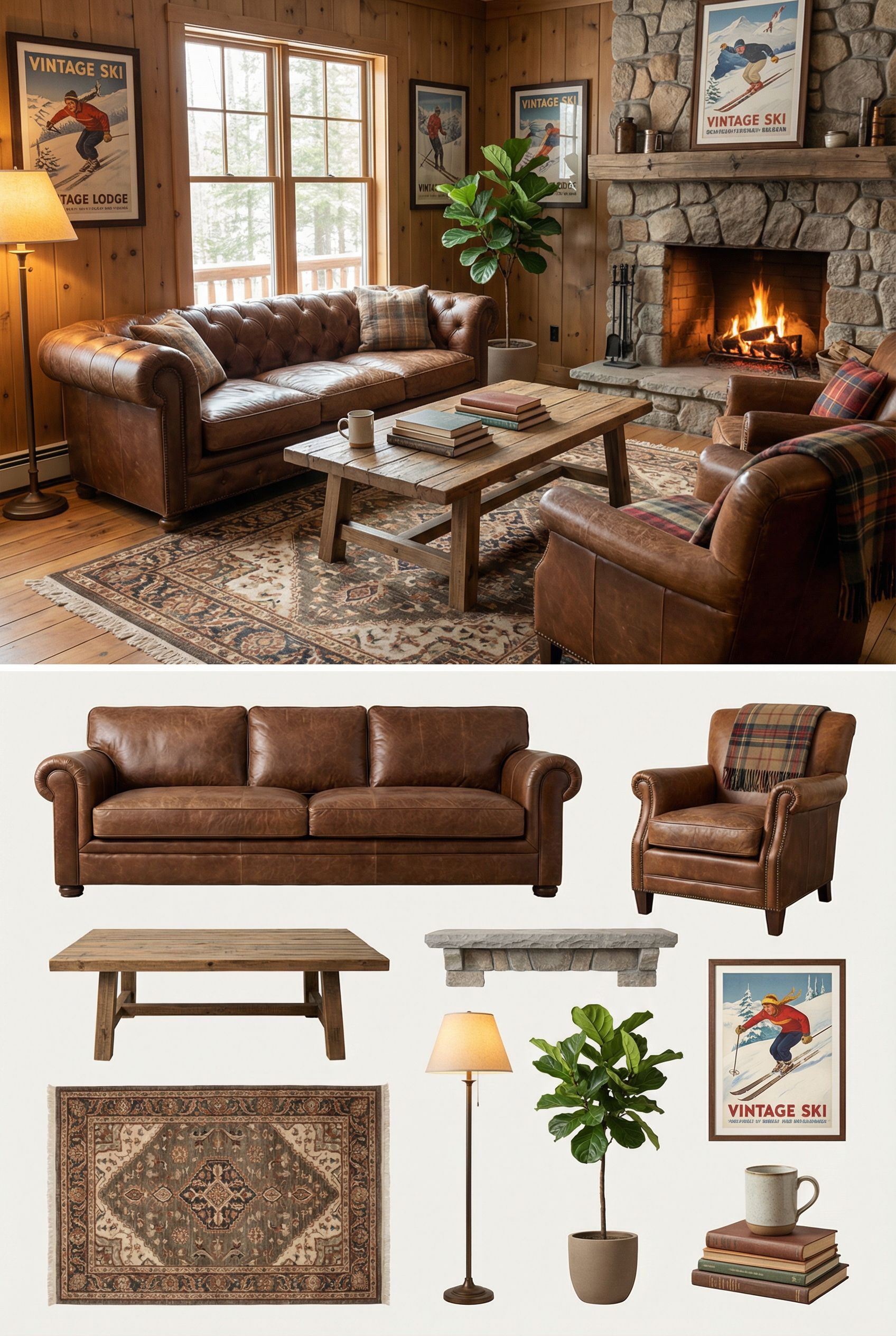 Vintage Ski Lodge Living Room with Leather Furnishings