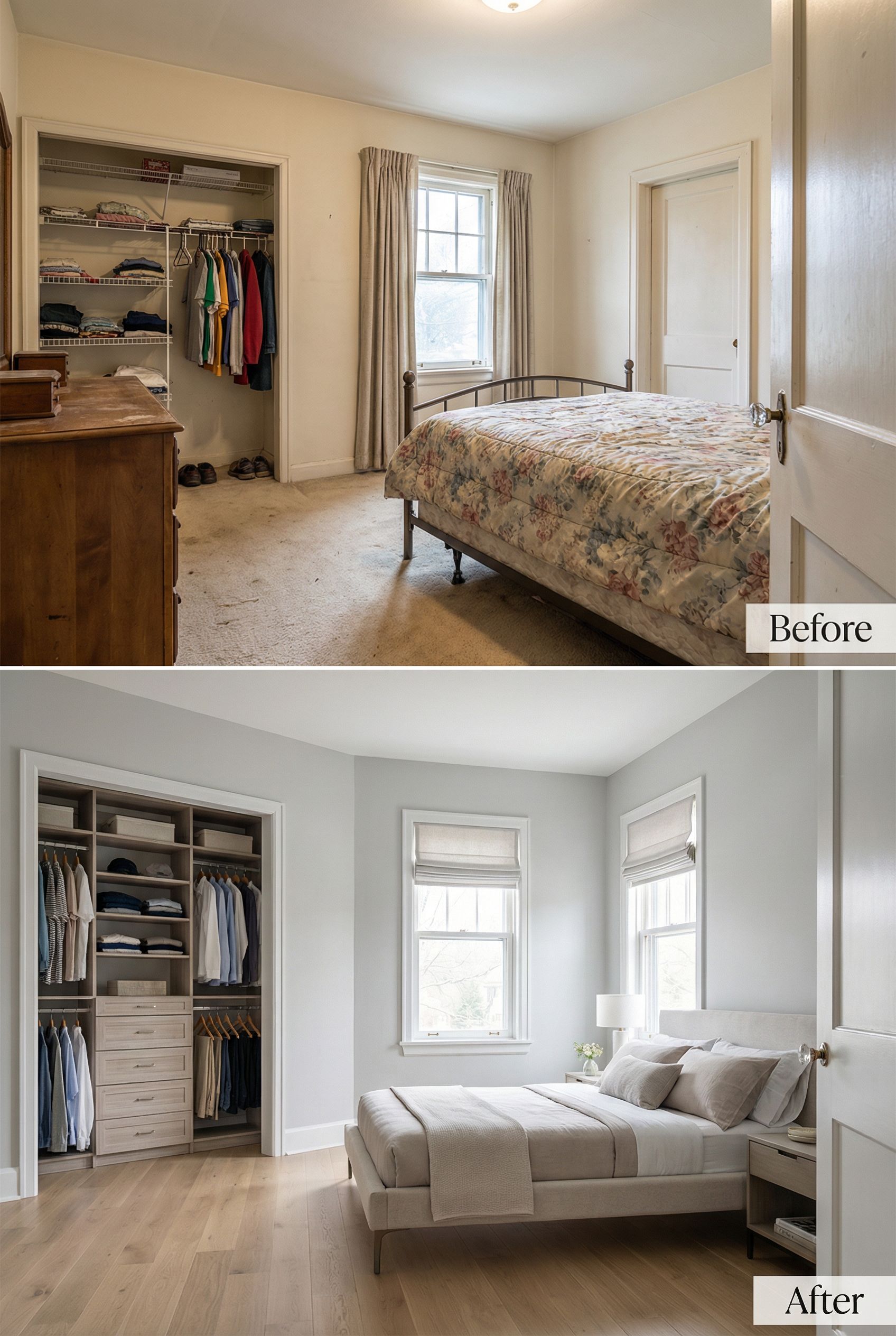 Vintage Walk-In → Modern Layout with Glass Shoe Cases