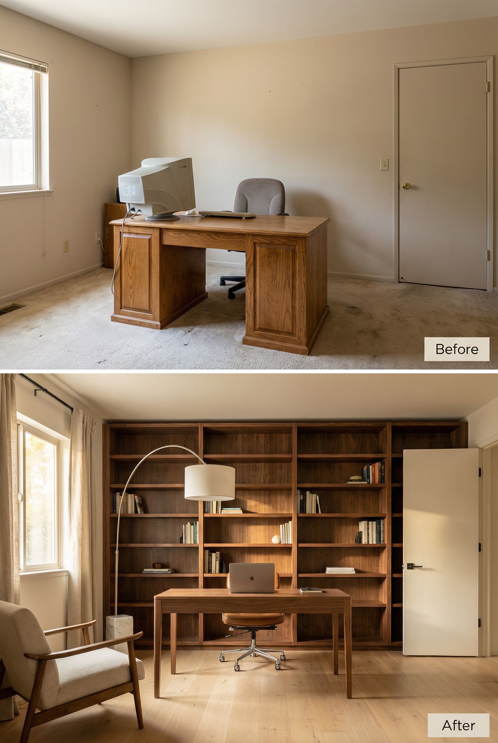 Warm California Modern Home Office with Textured Plaster Walls and a Floating Library Ledge System