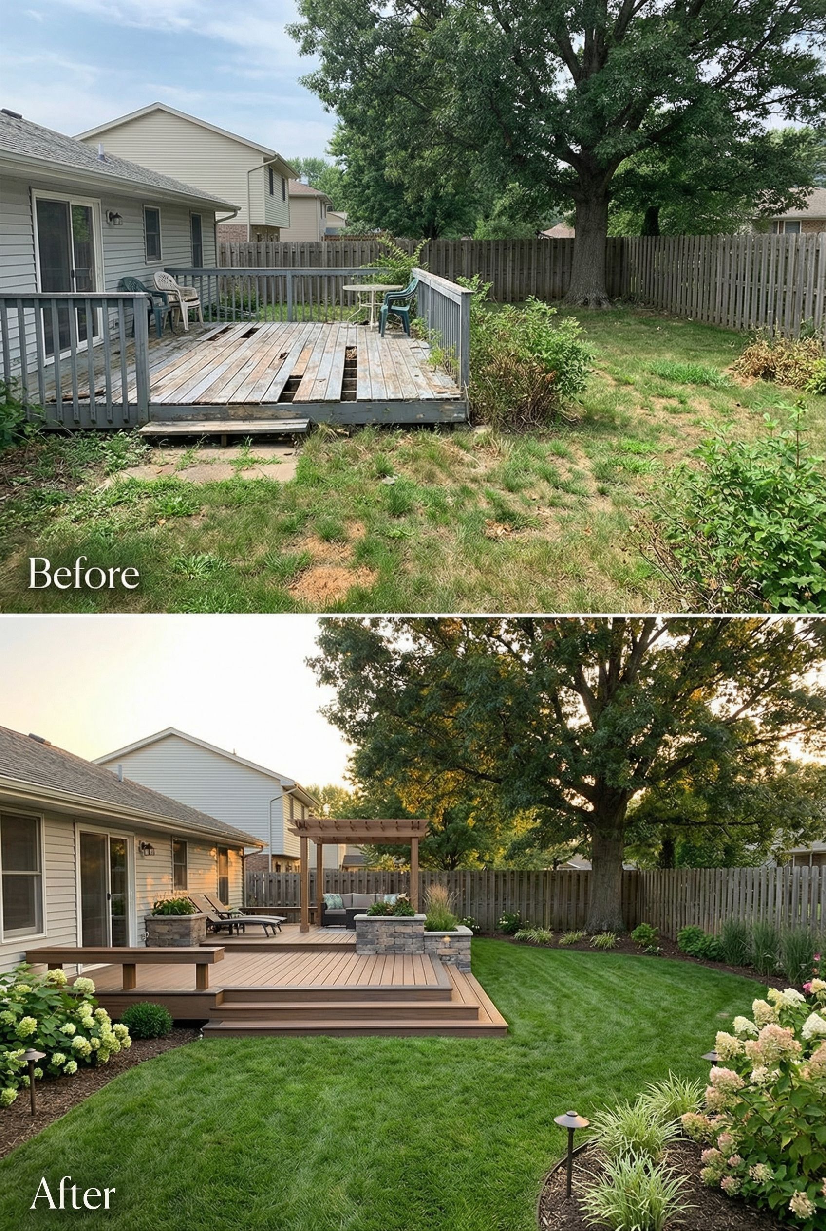 Weathered Multi-tiered backyard deck transformed into a cascading lounge retreat