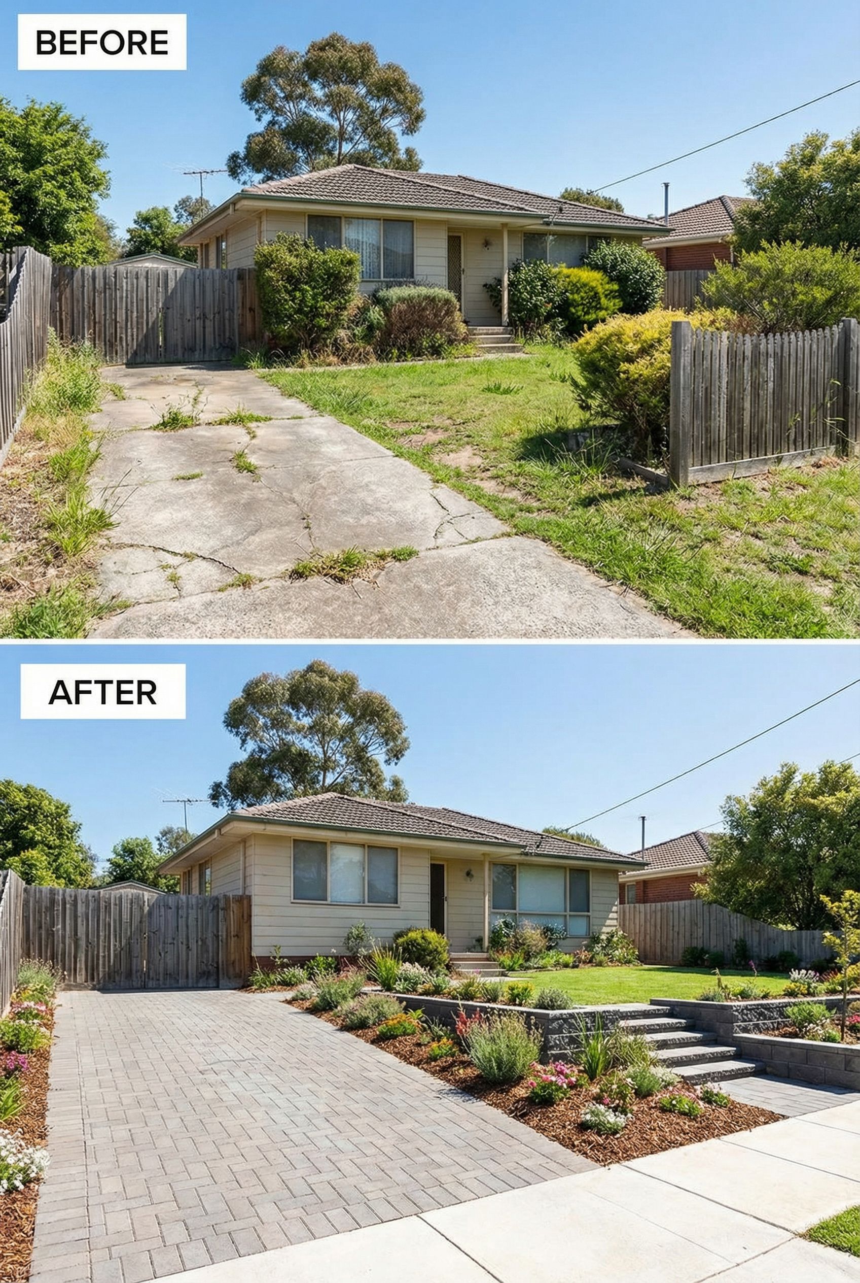 Weed-Filled Driveway Border → Blooming Flower Bed Display