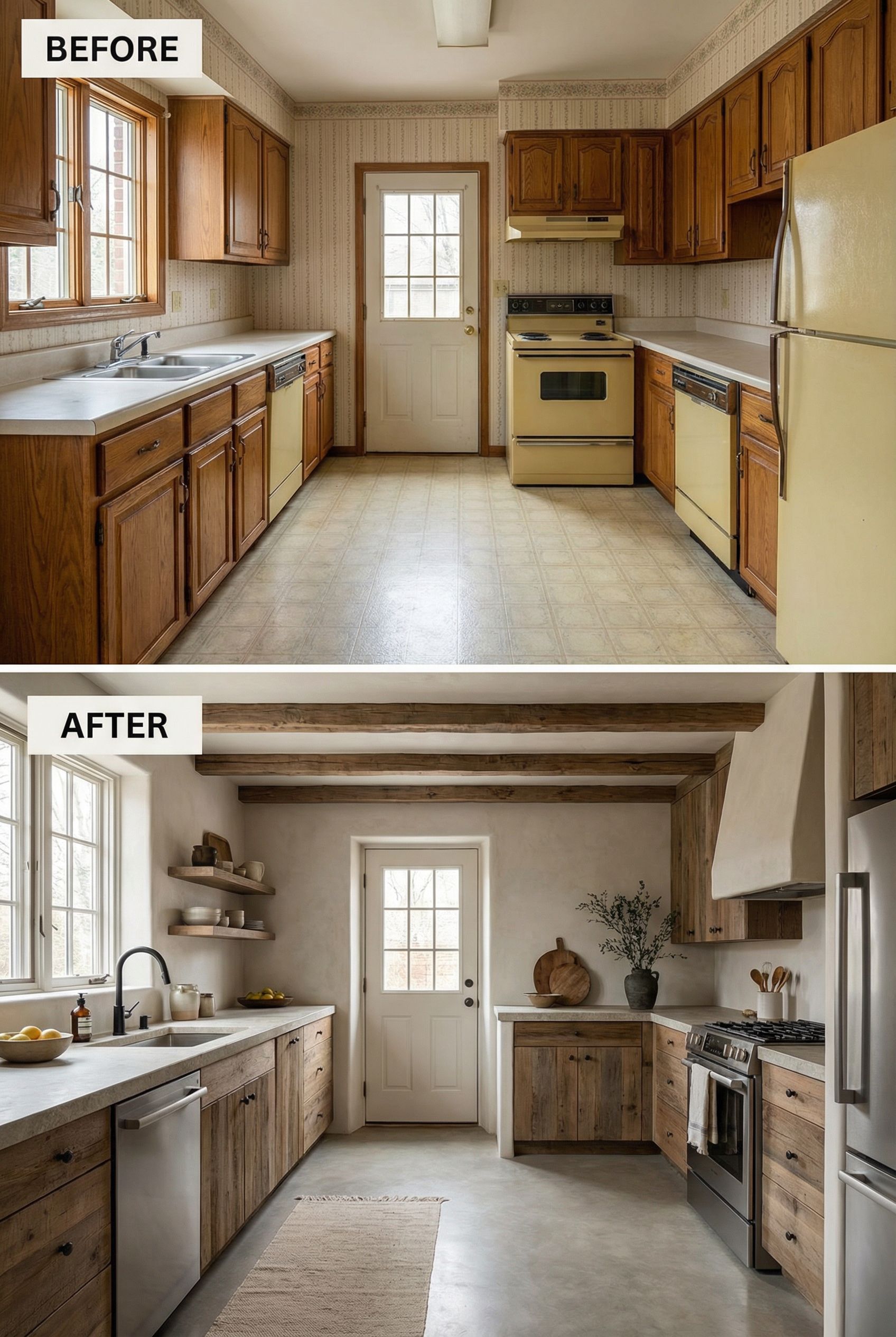 Worn 80s Tile Kitchen → Textured Wabi Sabi with Stone Elements