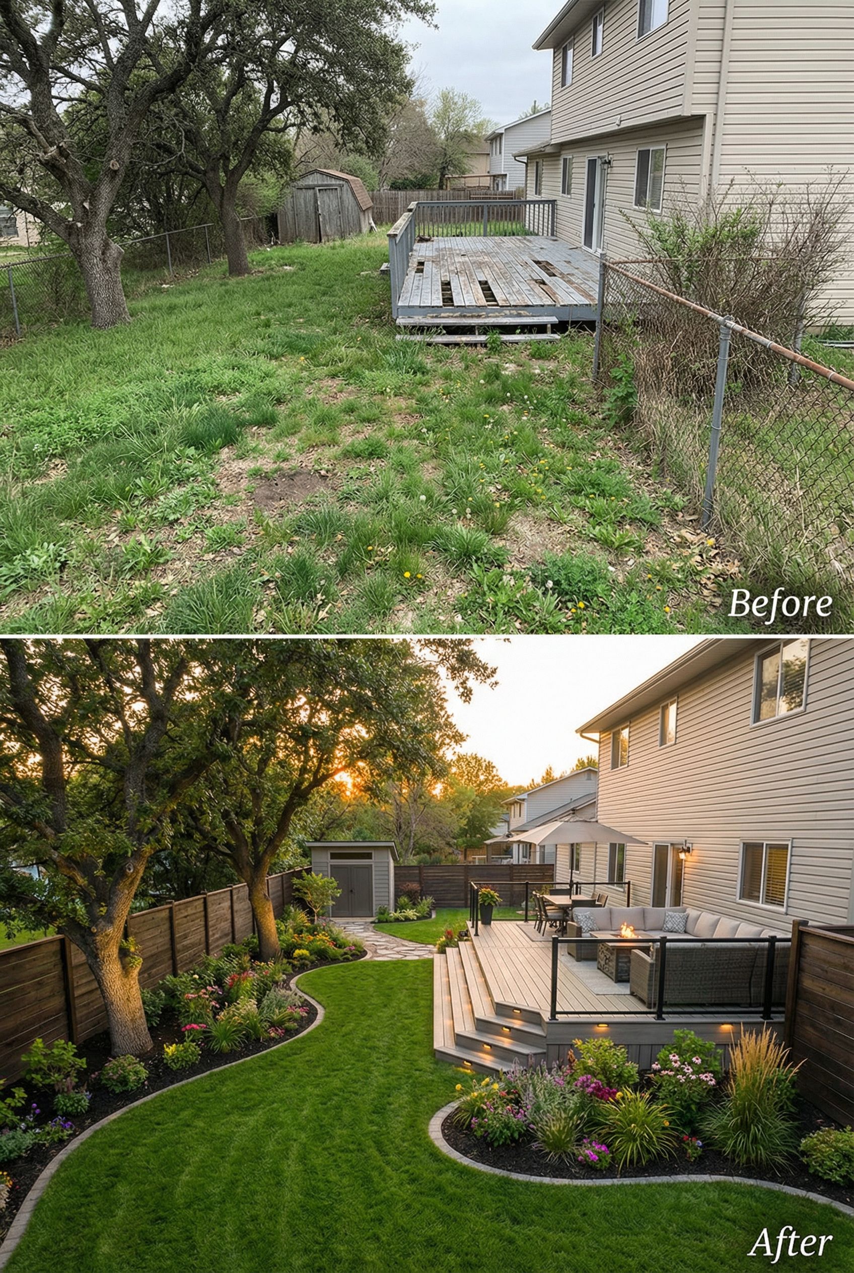 Worn backyard deck transformed into a multi-step firepit amphitheater