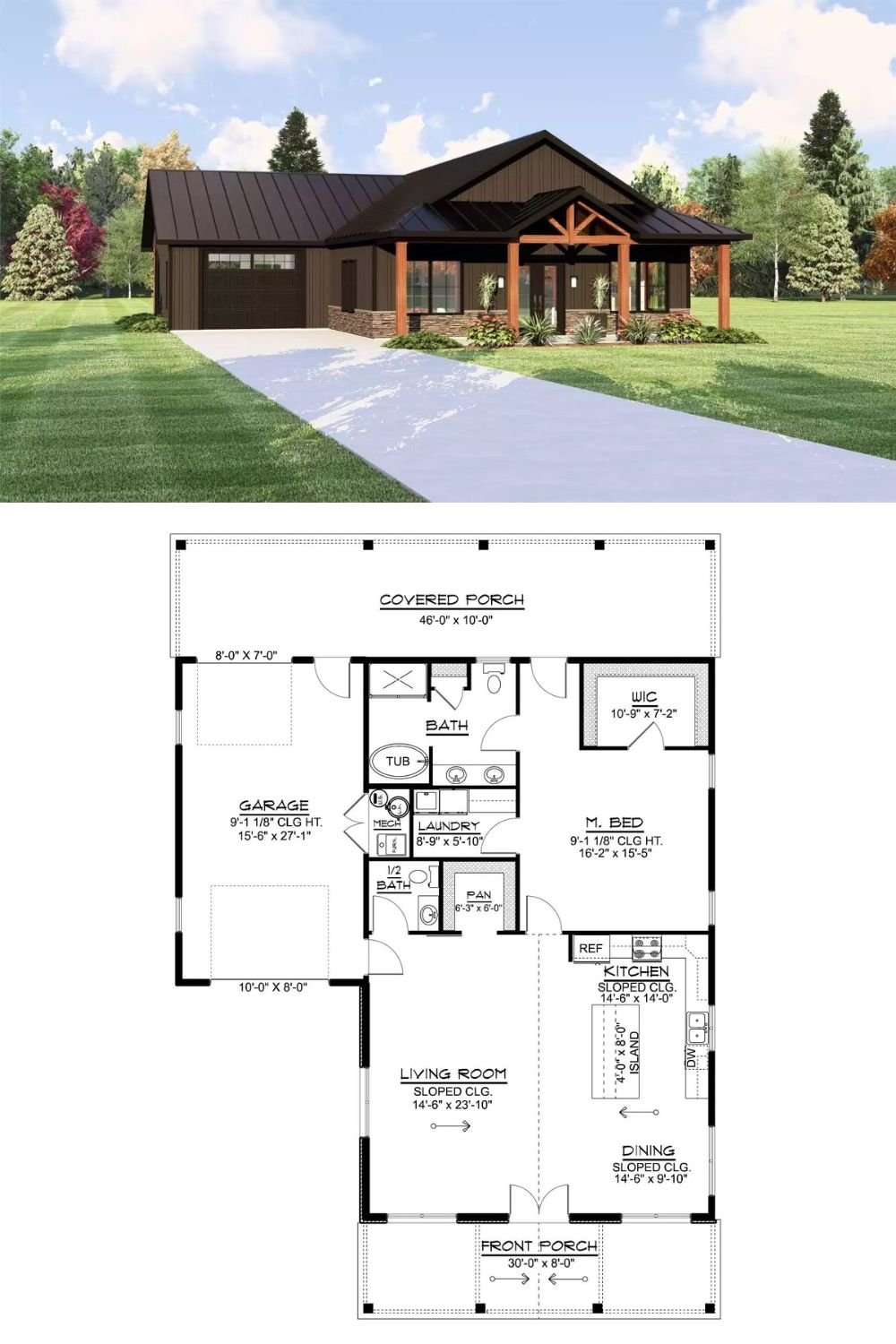 Ranch-Style 1-Bedroom Bingham Cottage with Front Porch and Covered Patio (Floor Plan)