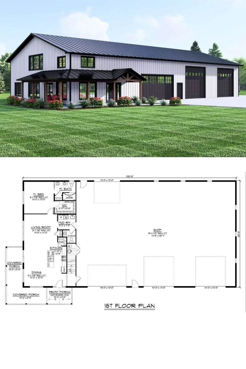 Darrien Cove 1-Bedroom Barndominium with Open Living Space and Wraparound Porch (Floor Plan)