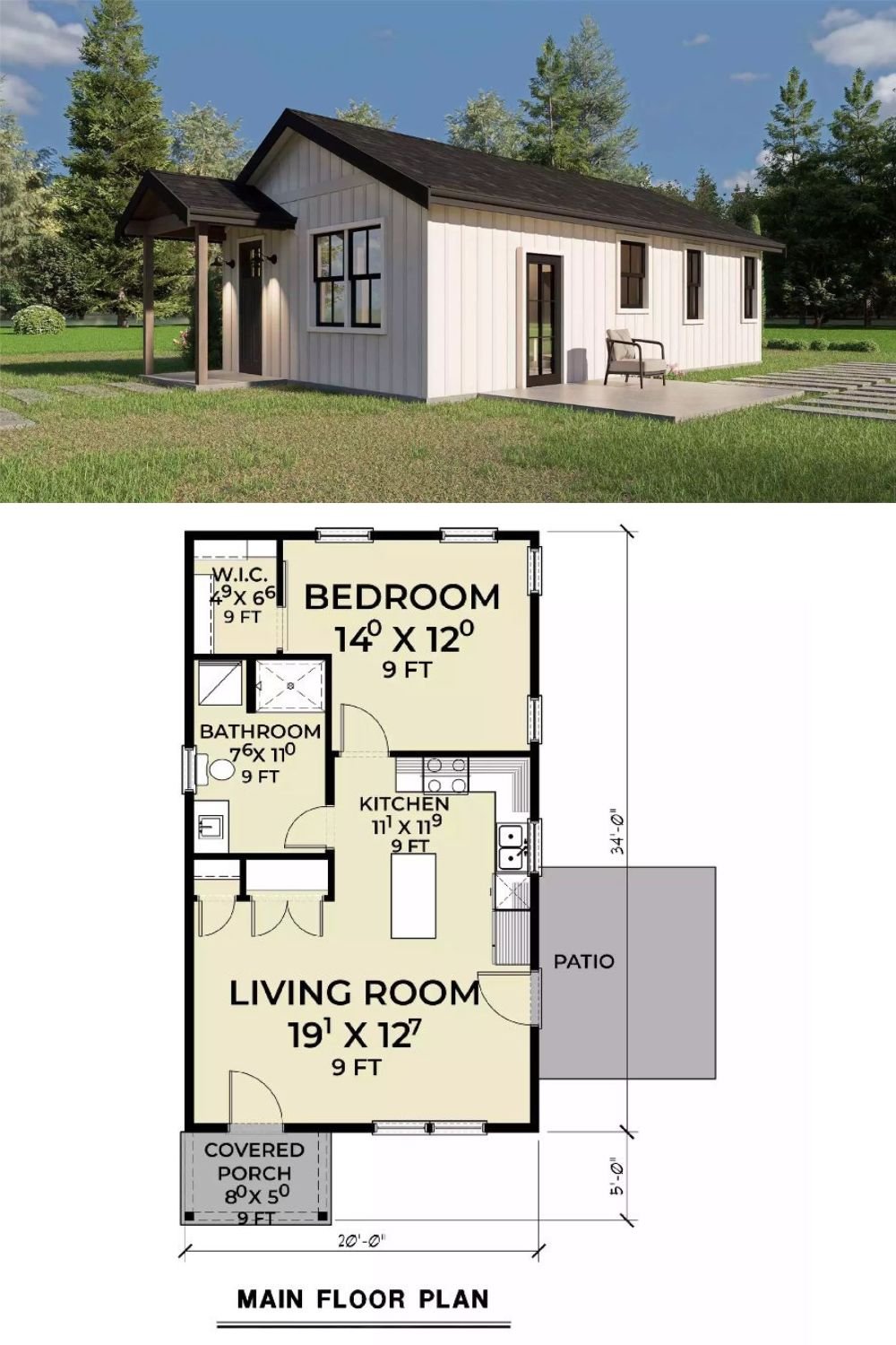 Nesting Corner 1-Bedroom ADU Farmhouse for a Narrow Lot with Open Floor Plan (Floor Plan)