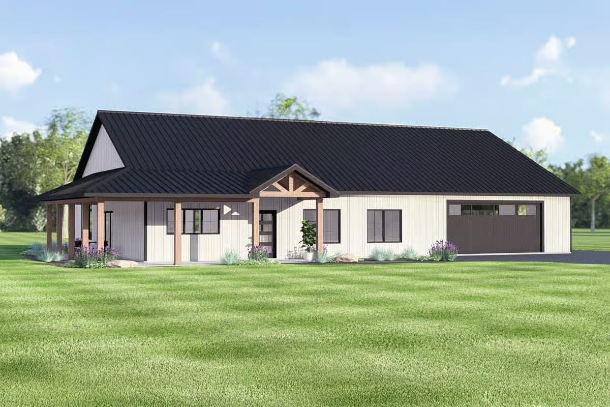 Modern 3-Bedroom Barndominium with Wraparound Porch and Open-Concept Living (Floor Plan)