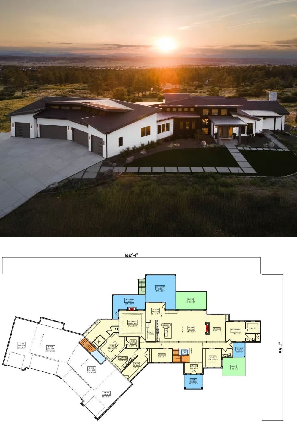 2-Bedroom Contemporary Mountain Home for a Wide Lot with Angled 6-Car Garage (Floor Plan)