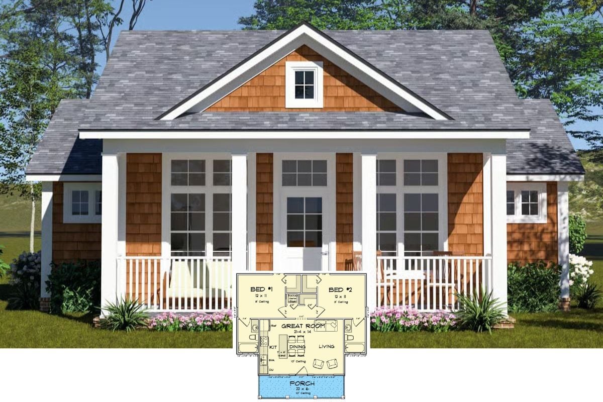 2-Bedroom Cottage Craftsman with Open Living Space and Covered Front Porch (Floor Plan)