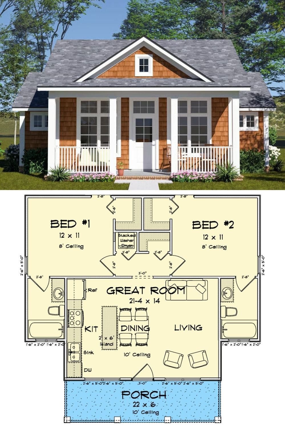 2-Bedroom Cottage Craftsman with Open Living Space and Covered Front Porch (Floor Plan)