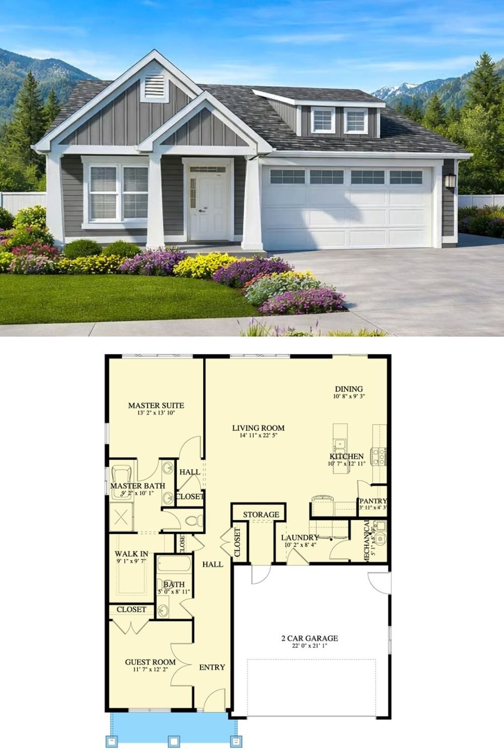 Craftsman 2-Bedroom Ranch with Open Living Space and Double Garage (Floor Plan)