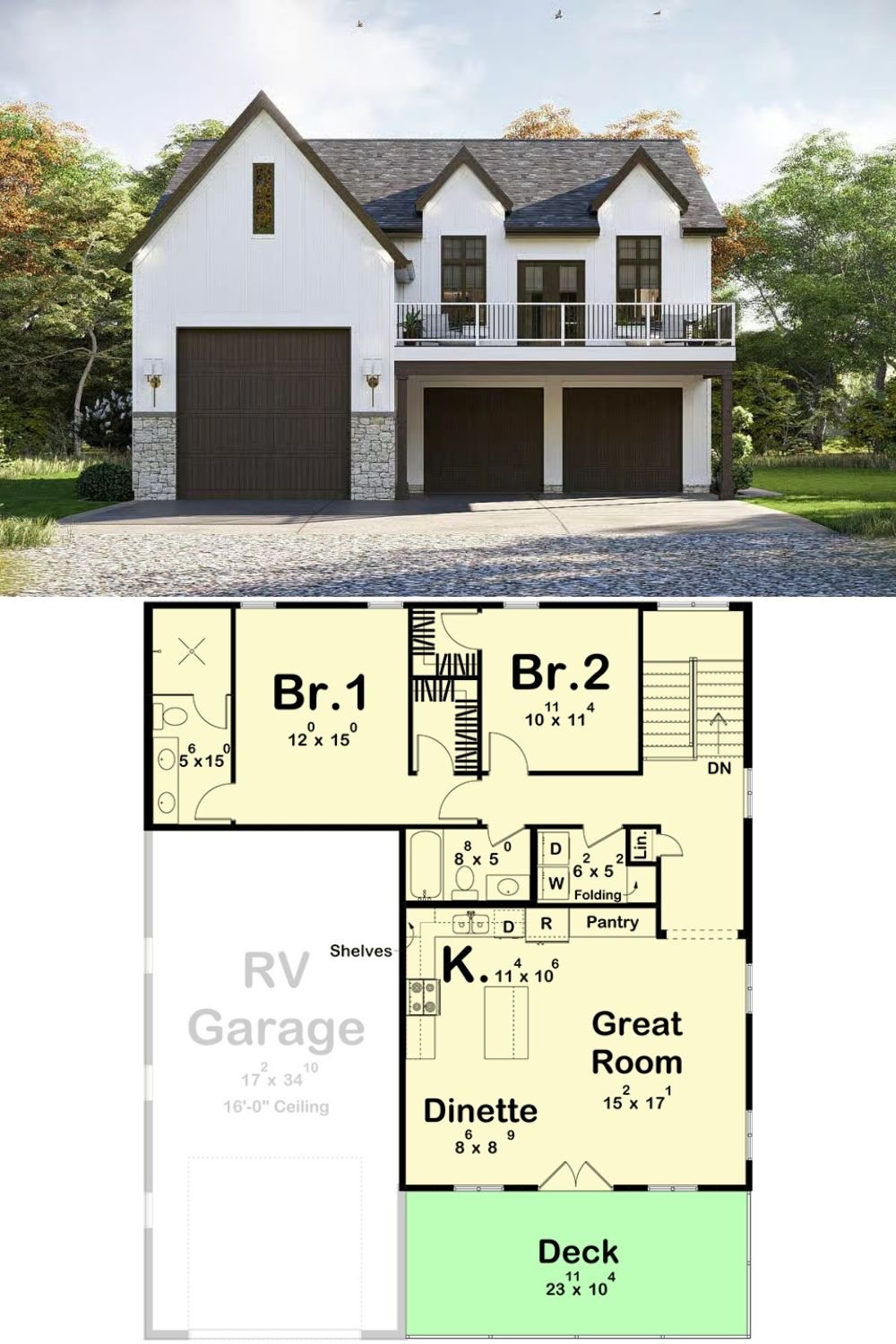 Modern Farmhouse-Style 2-Bedroom Carriage Home with Open Living Space and RV Garage (Floor Plan)