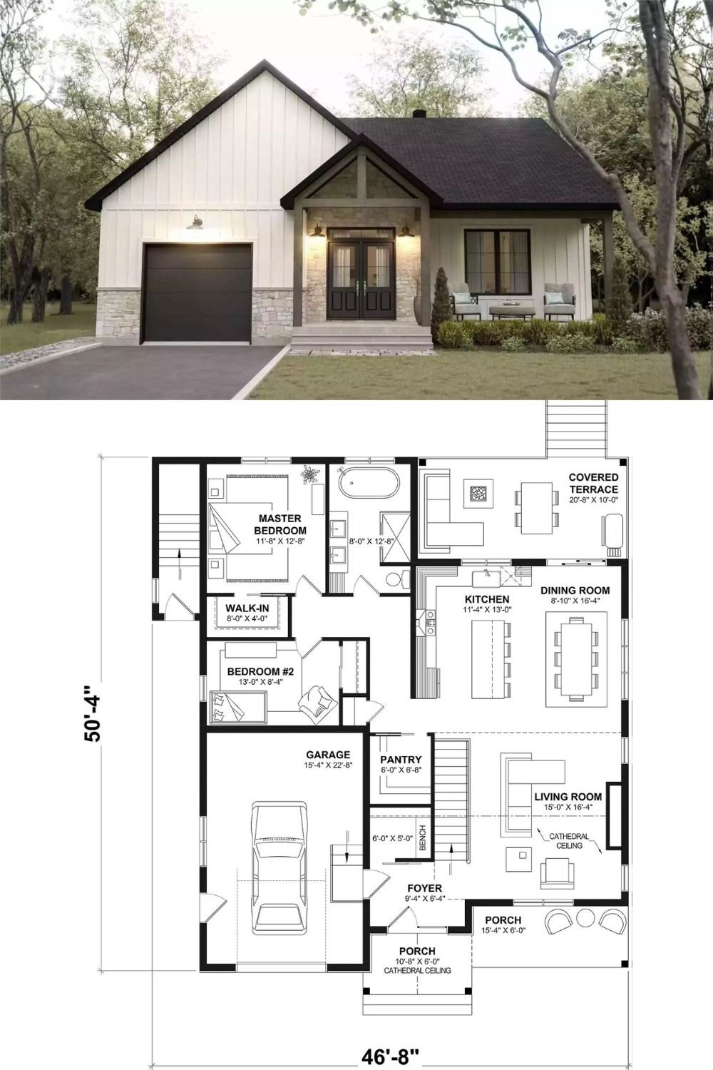 2-Bedroom Oakvale Farmhouse with Open Living Space and Covered Terrace (Floor Plan)