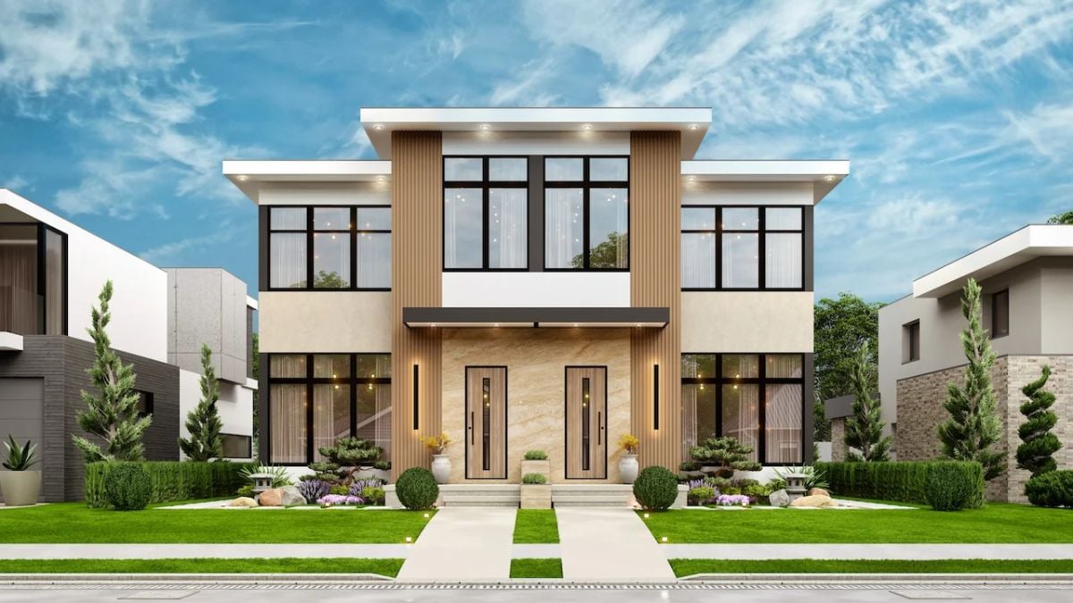 Contemporary-Style Gardner Duplex with Covered Patio and Balcony (Floor Plan)