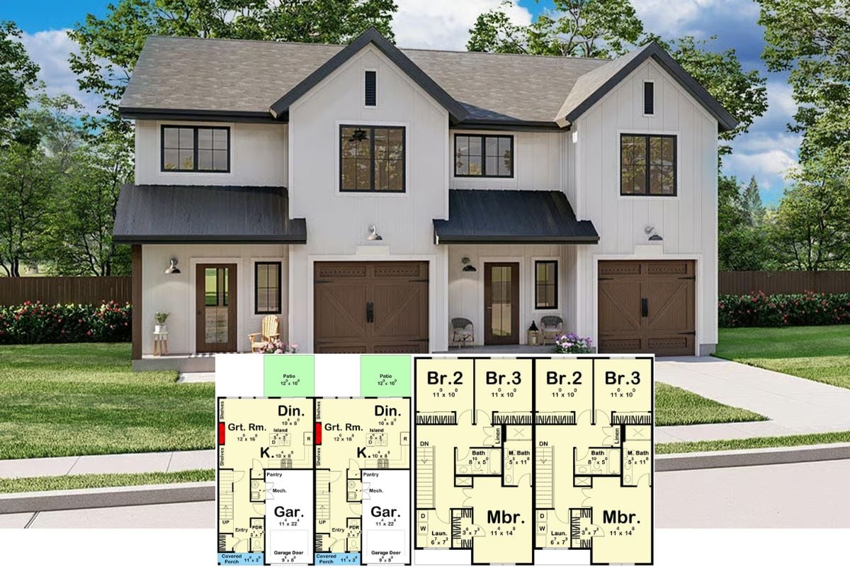 Traditional-Style Duplex with 3-Bed Units and a Front Porch (Floor Plan)