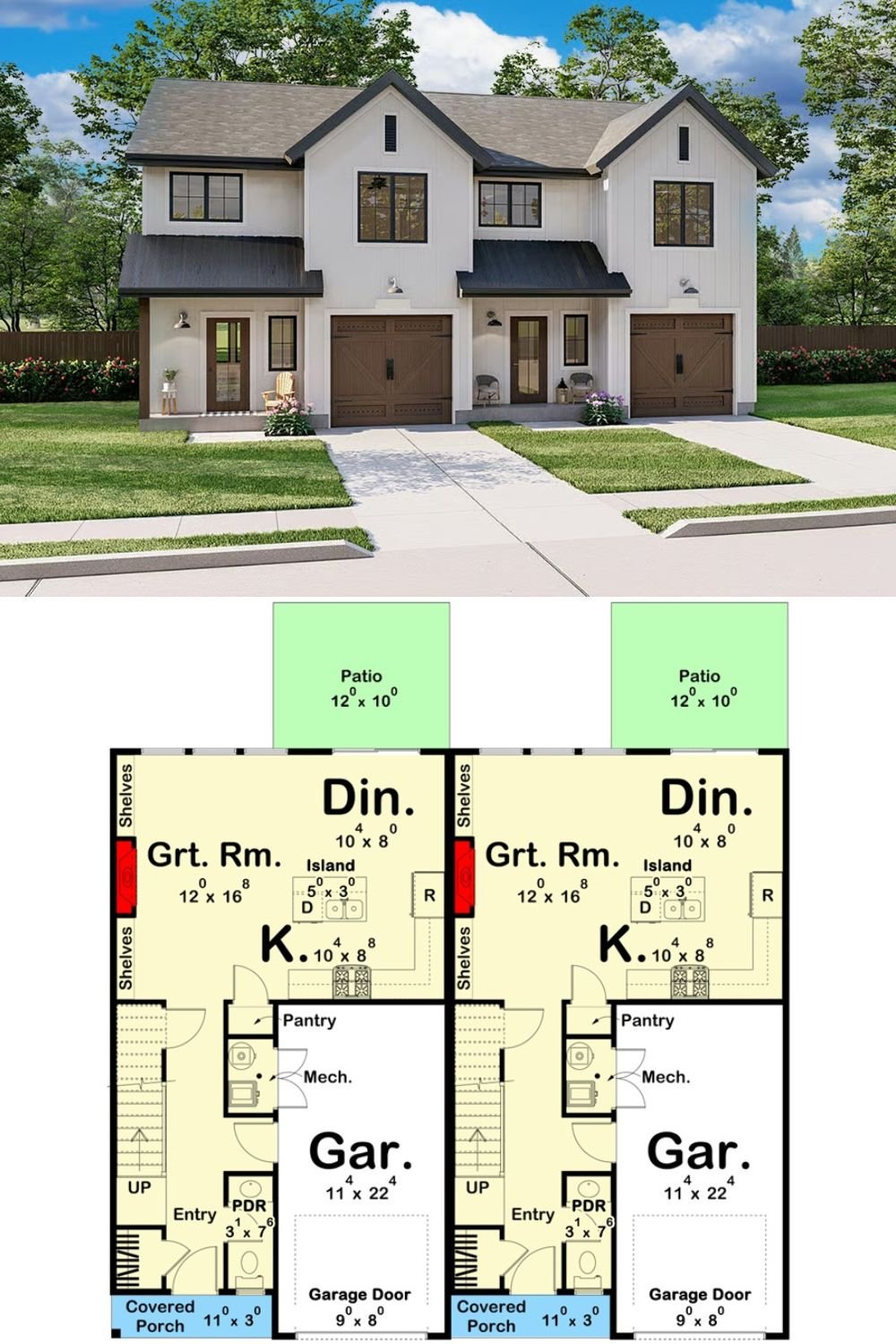 Traditional-Style Duplex with 3-Bed Units and a Front Porch (Floor Plan)