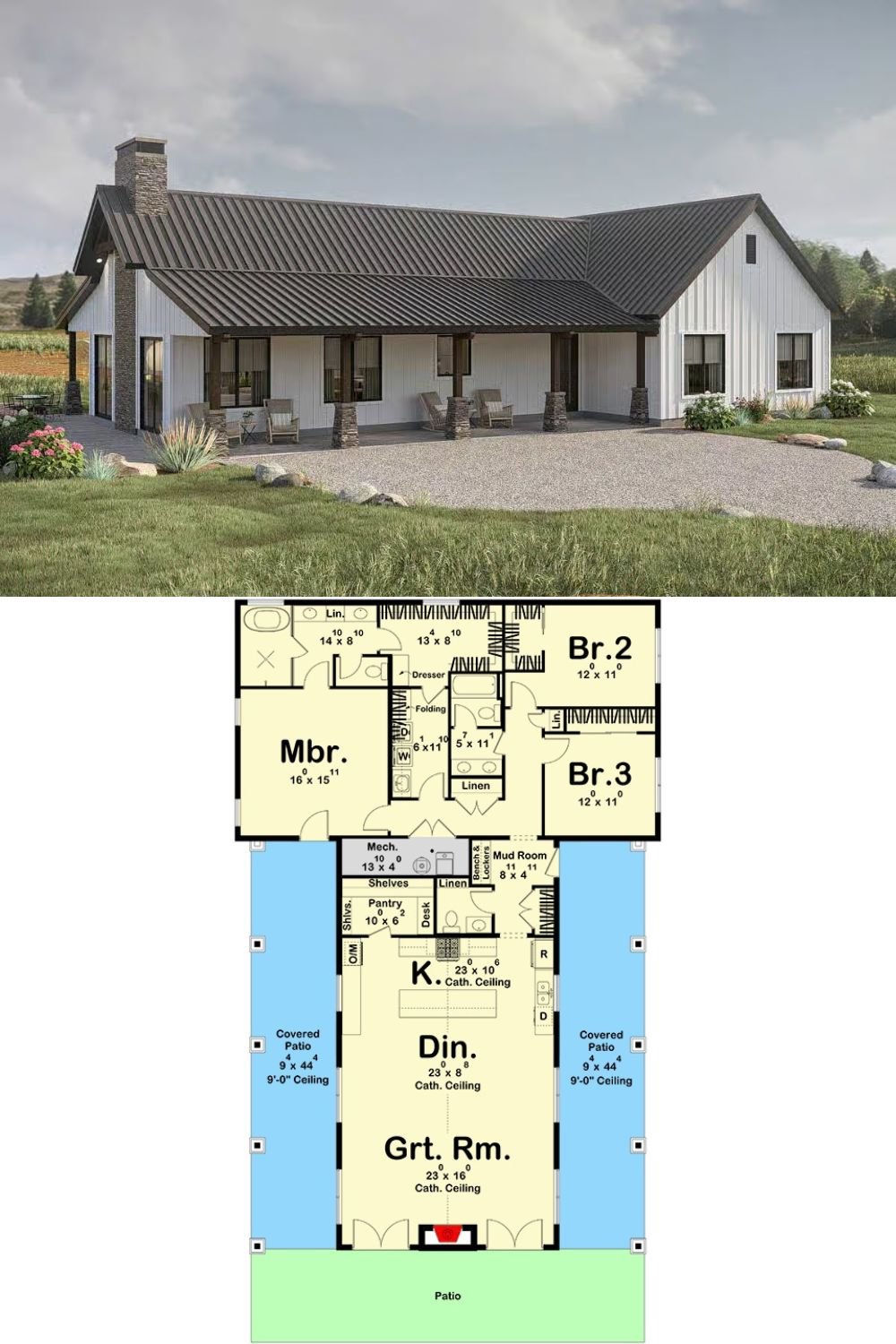 Barndominium-Style Country Home with 3 Bedrooms and a Wraparound Porch (Floor Plan)