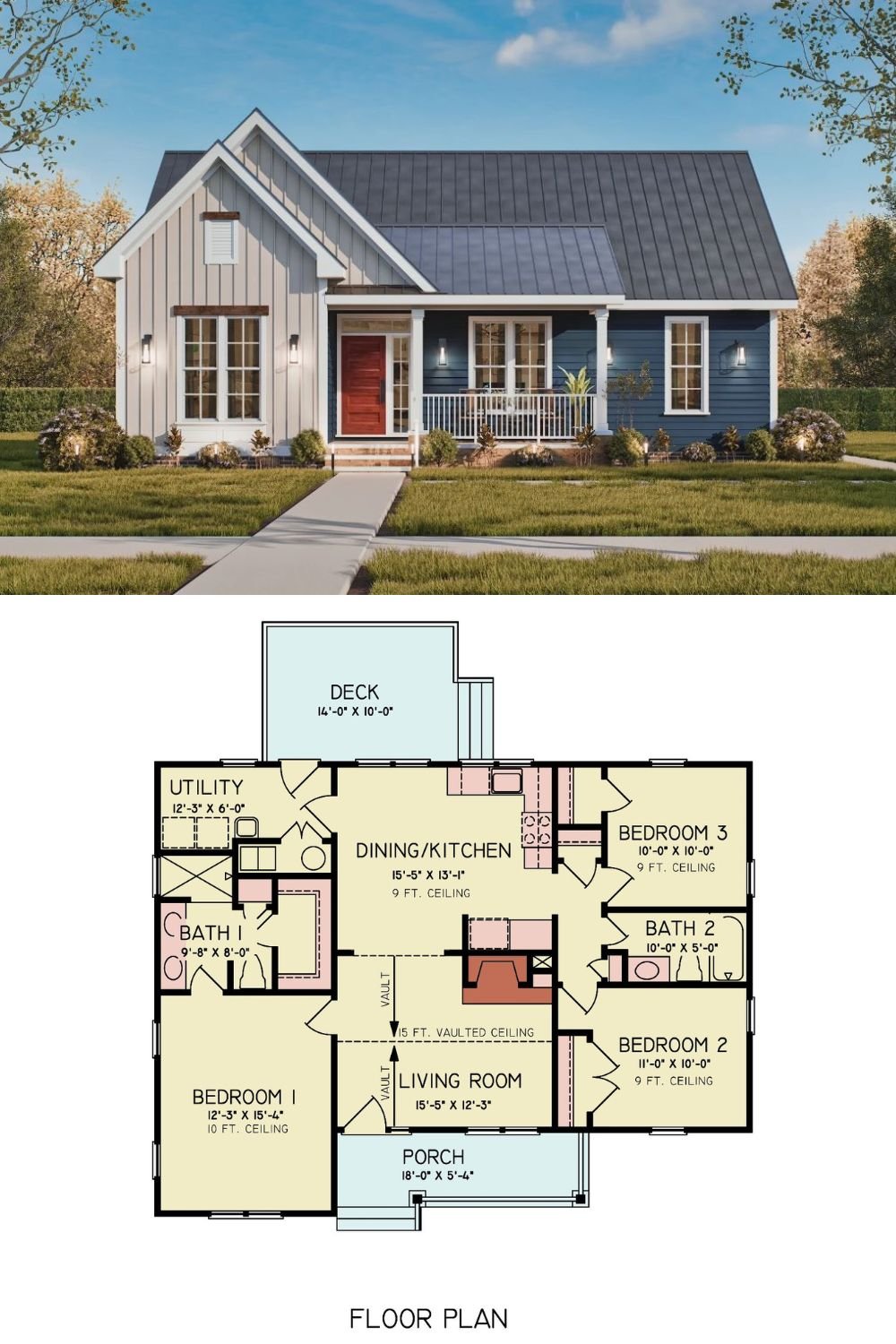 3-Bedroom Blues Farmhouse Cottage with Front Porch and Open-Concept Living (Floor Plan)