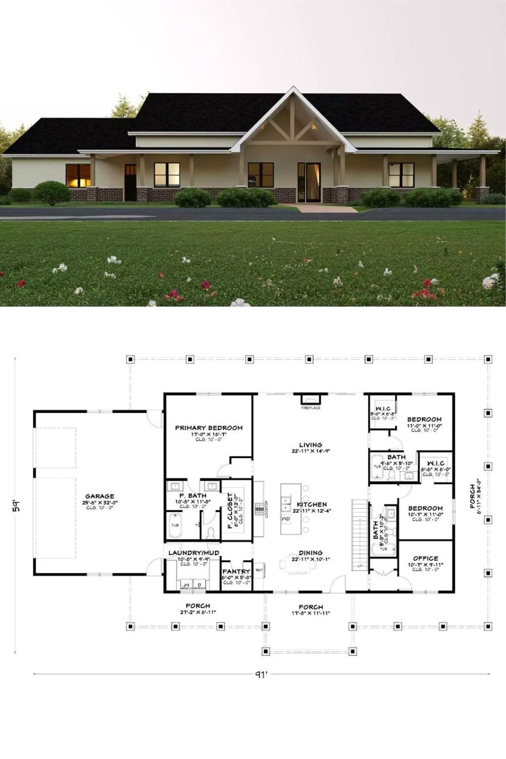 Briarfall Lane 3-Bedroom Farmhouse with Bonus Room and Wraparound Porch (Floor Plan)