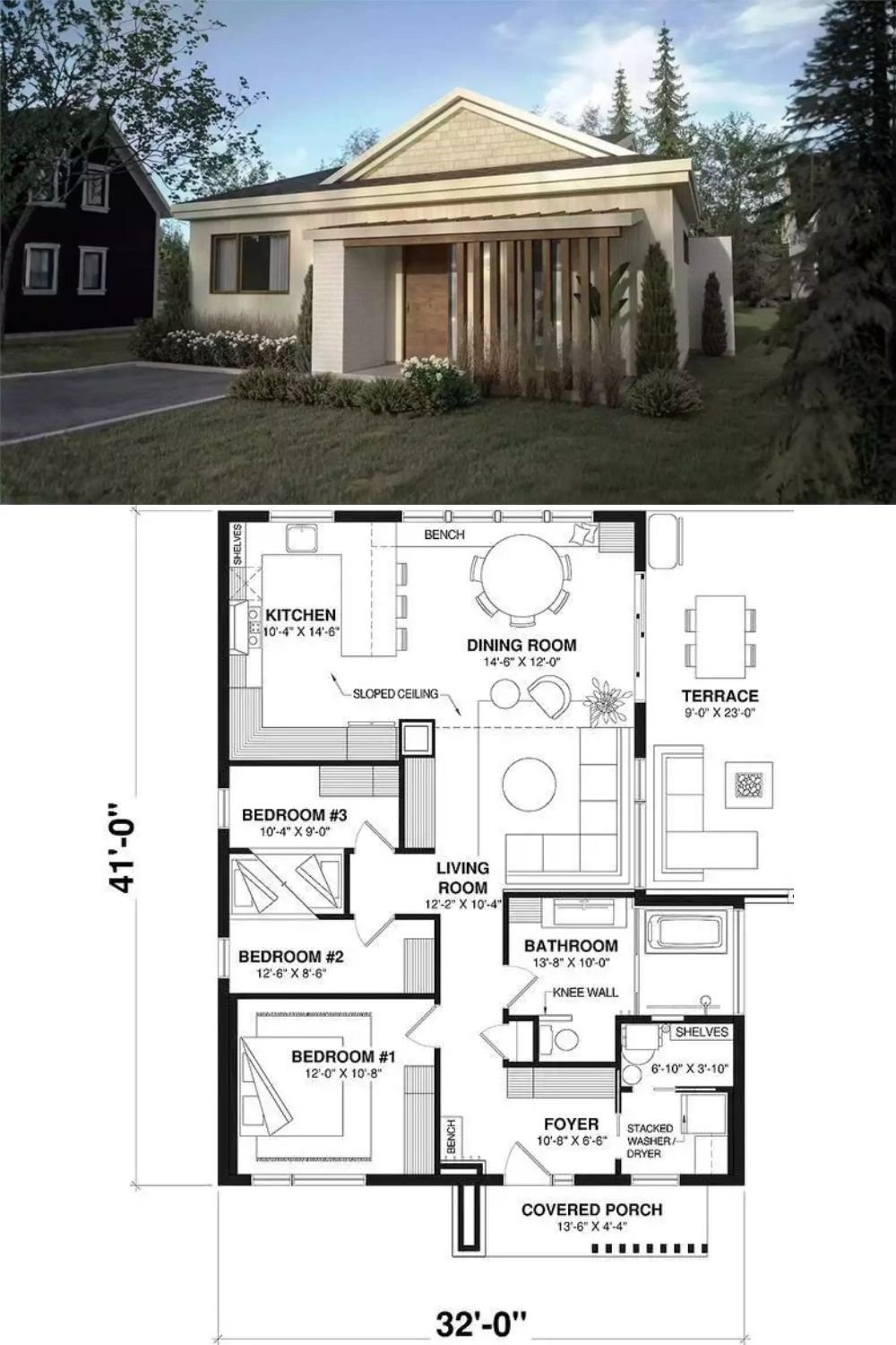 Contemporary-Style Hampshire Home with Front Porch and 3 Bedrooms (Floor Plan)