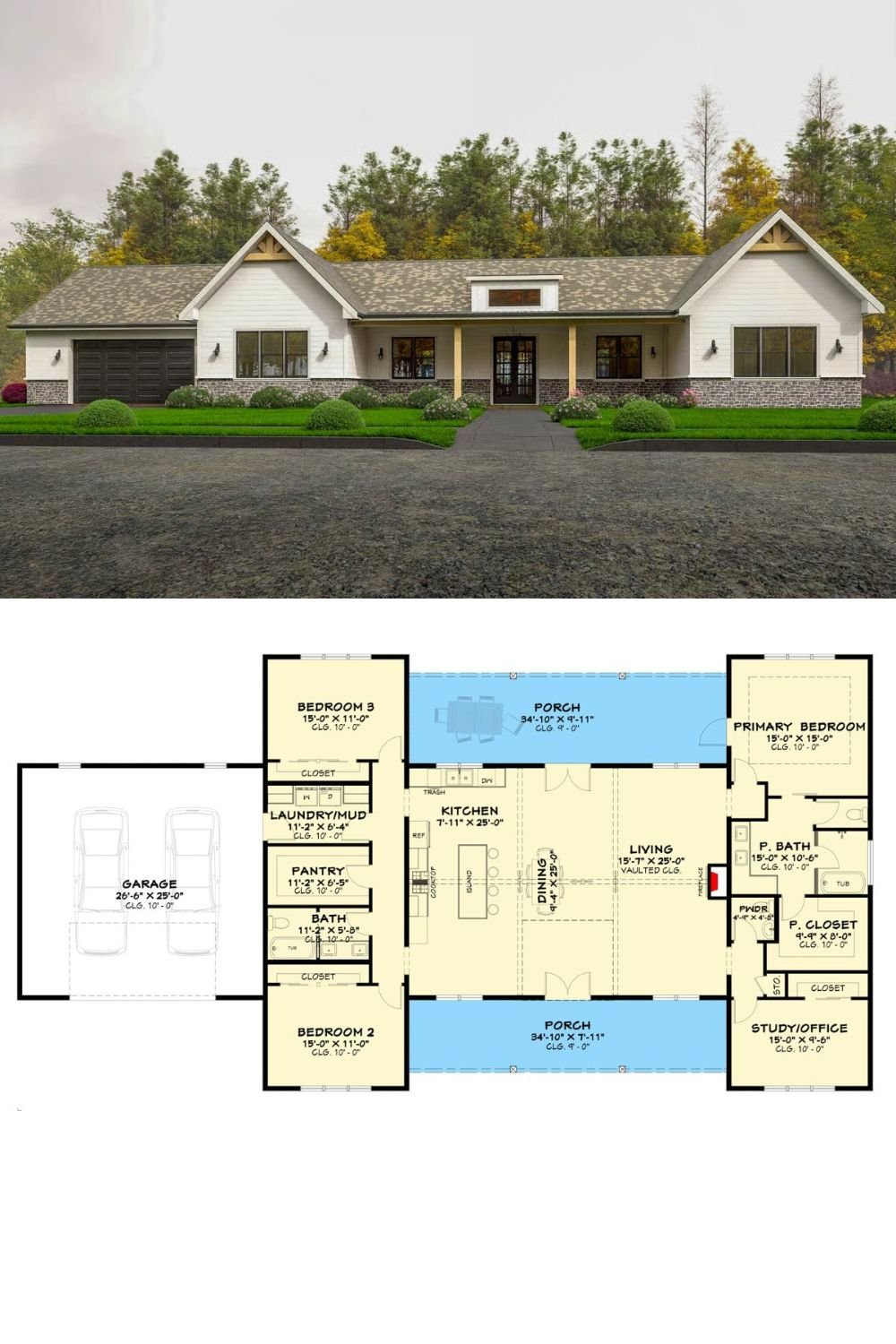 3-Bedroom Contemporary Ranch with Dual Porches and Open-Concept Living (Floor Plan)