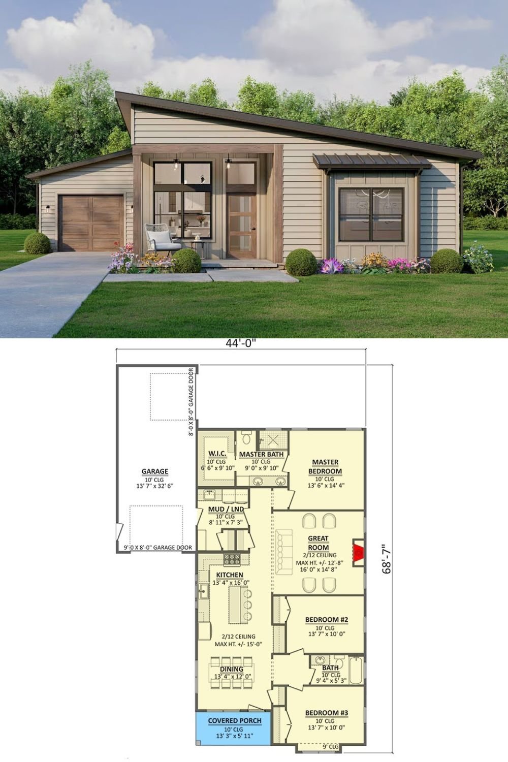 3-Bedroom Contemporary Home with Open Living Space and Front Porch (Floor Plan)