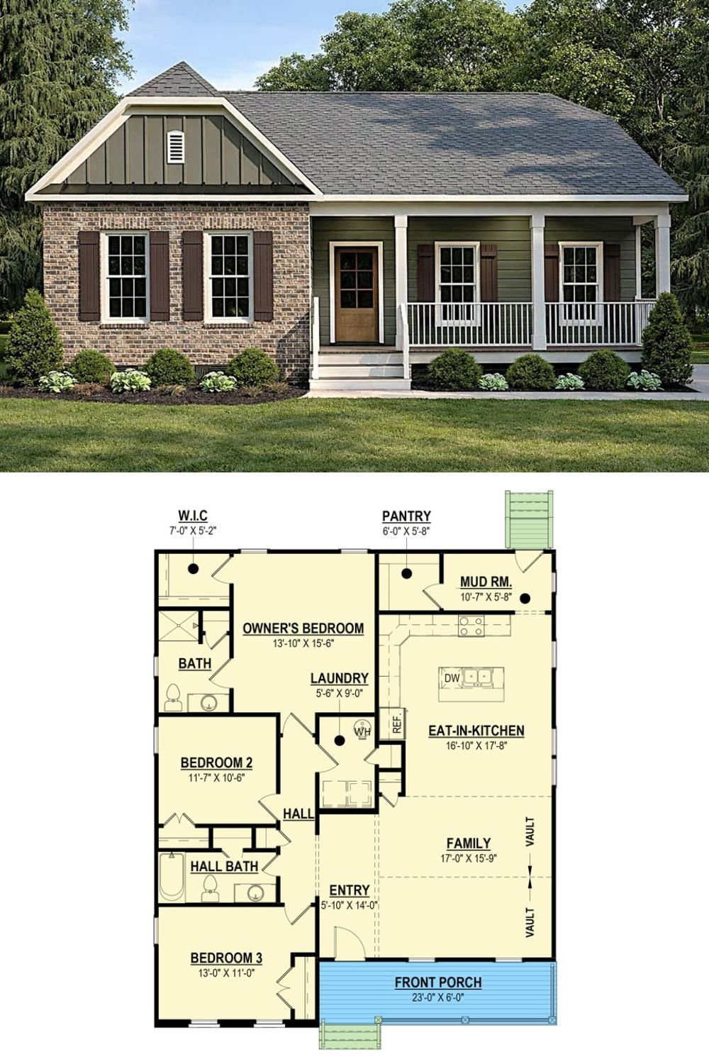 Cottage-Style 3-Bedroom Home with Open Living Space and Covered Front Porch (Floor Plan)