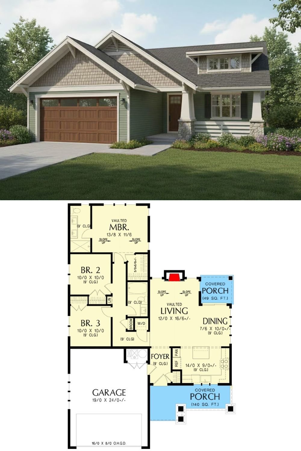 Craftsman-Style 3-Bedroom Cottage with Double Garage and Open-Concept Living (Floor Plan)
