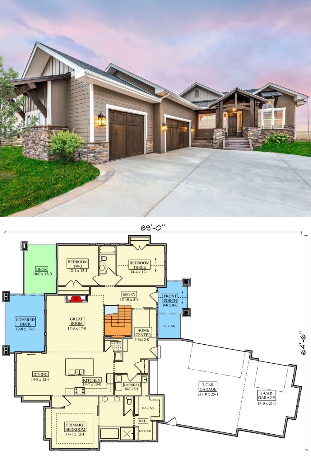 3-Bedroom Craftsman Ranch with Walkout Basement and Angled 3-Car Garage (Floor Plan)