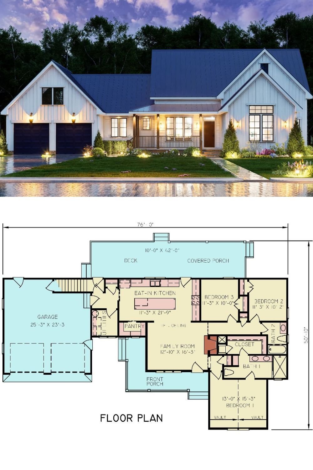 Debbie 3 Modern Farmhouse with 3 Bedrooms and 2-Car Garage (Floor Plan)