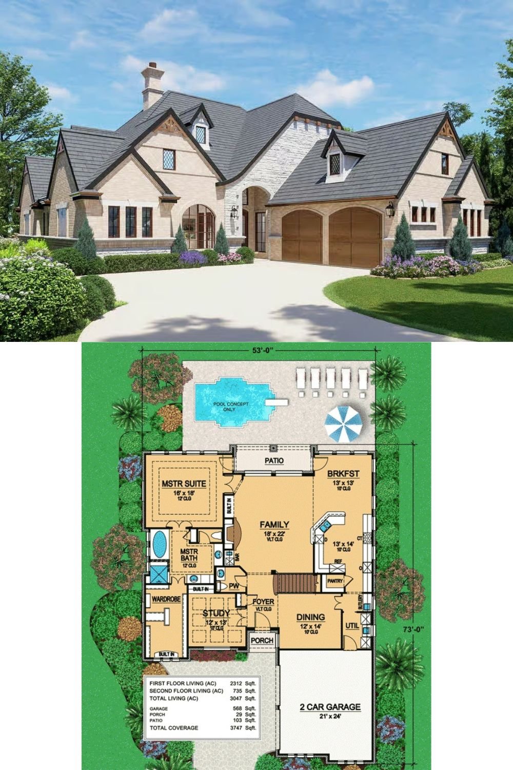 European-Style 3-Bedroom Traditional Home with Loft and Double Garage (Floor Plan)