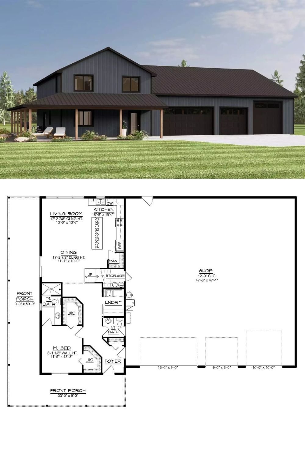 Farmingston 3-Bedroom Barndominium with Loft and Wraparound Porch (Floor Plan)