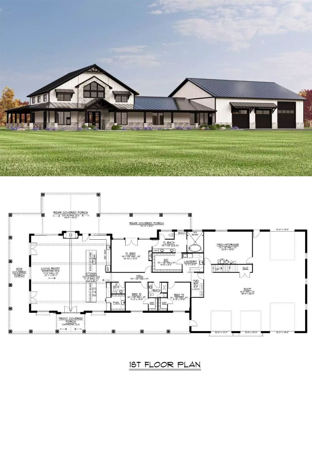 Glendon Hill 3-Bedroom Barndominium for a Wide Lot with Loft and Wraparound Porch (Floor Plan)