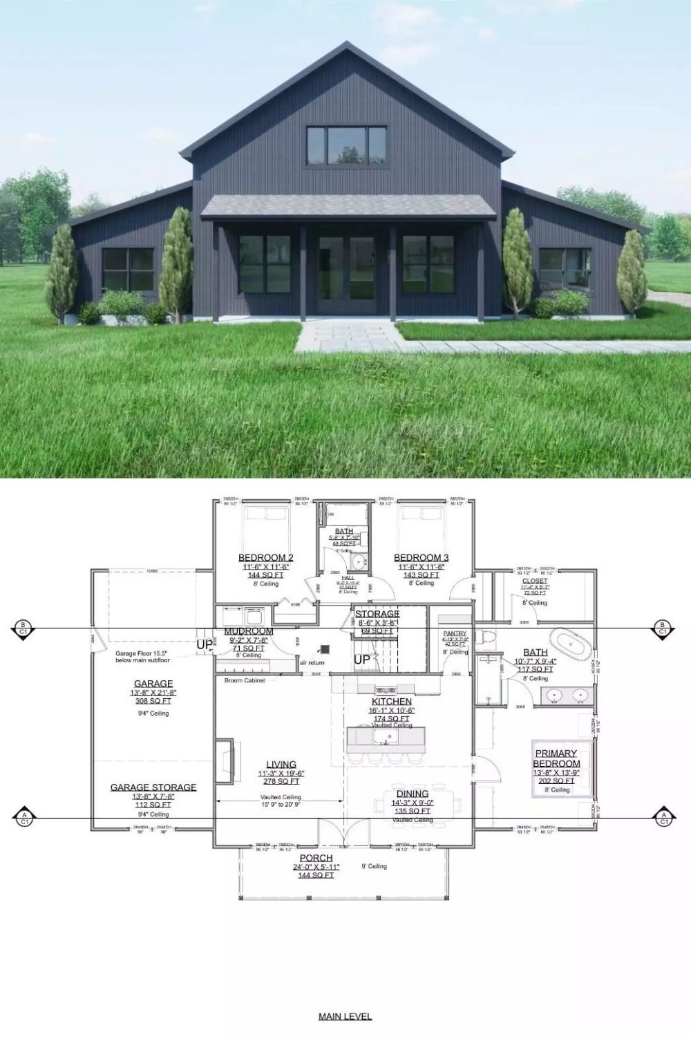 3-Bedroom Goldberry Trail Barndominium with Front Porch and Bonus Room (Floor Plan)