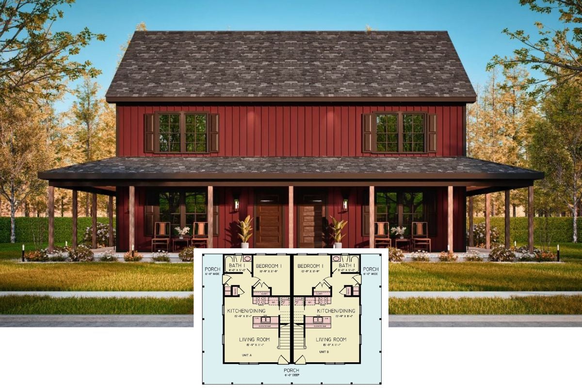 Modern Farmhouse-Style Hunter 2 Duplex with Wraparound Porch and 3-Bed Units (Floor Plan)