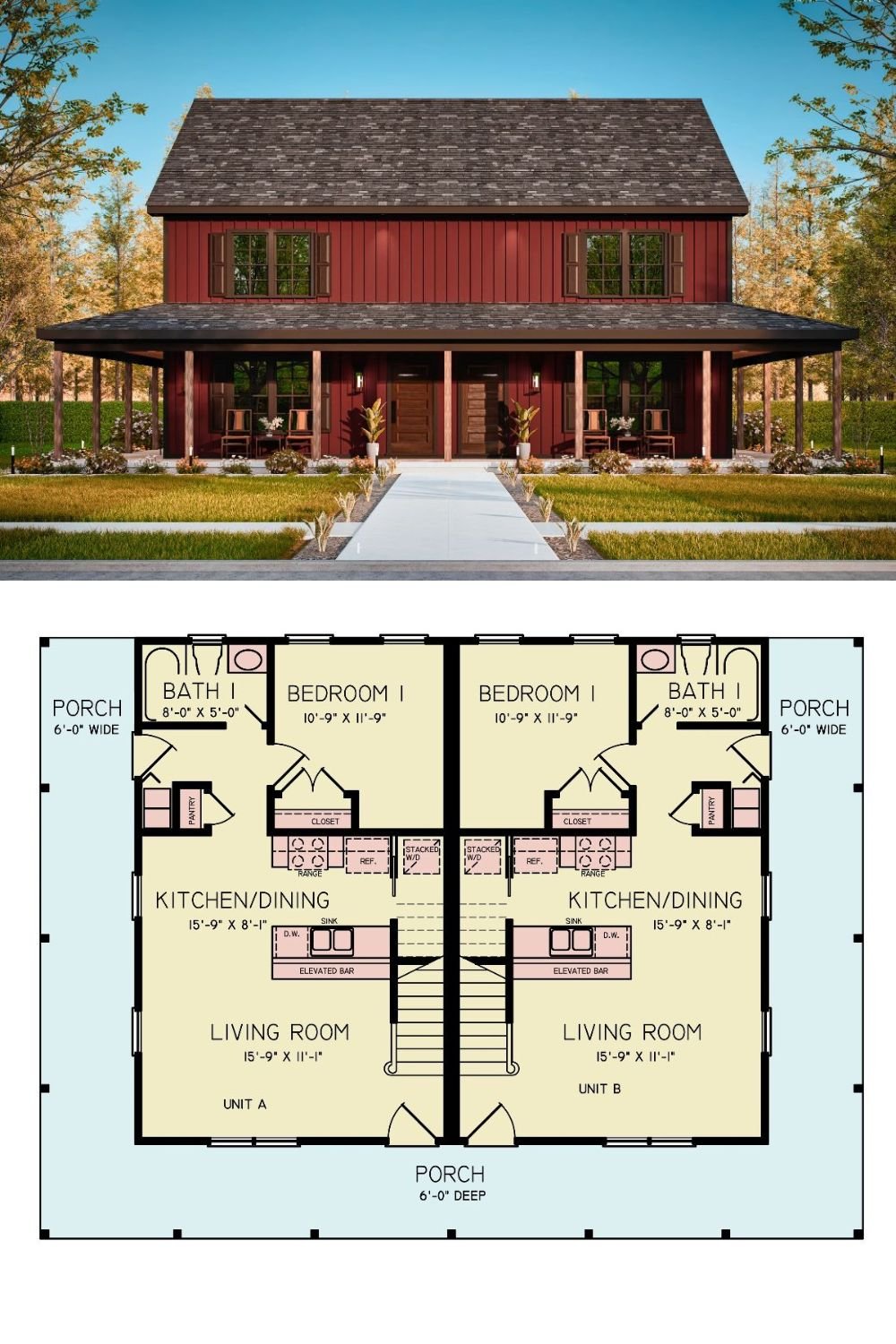 Modern Farmhouse-Style Hunter 2 Duplex with Wraparound Porch and 3-Bed Units (Floor Plan)