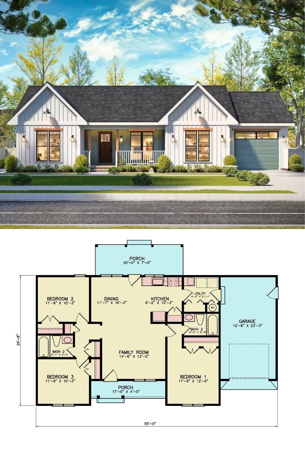 3-Bedroom Kelly 3 Bungalow with Open Living Space and Covered Patio (Floor Plan)