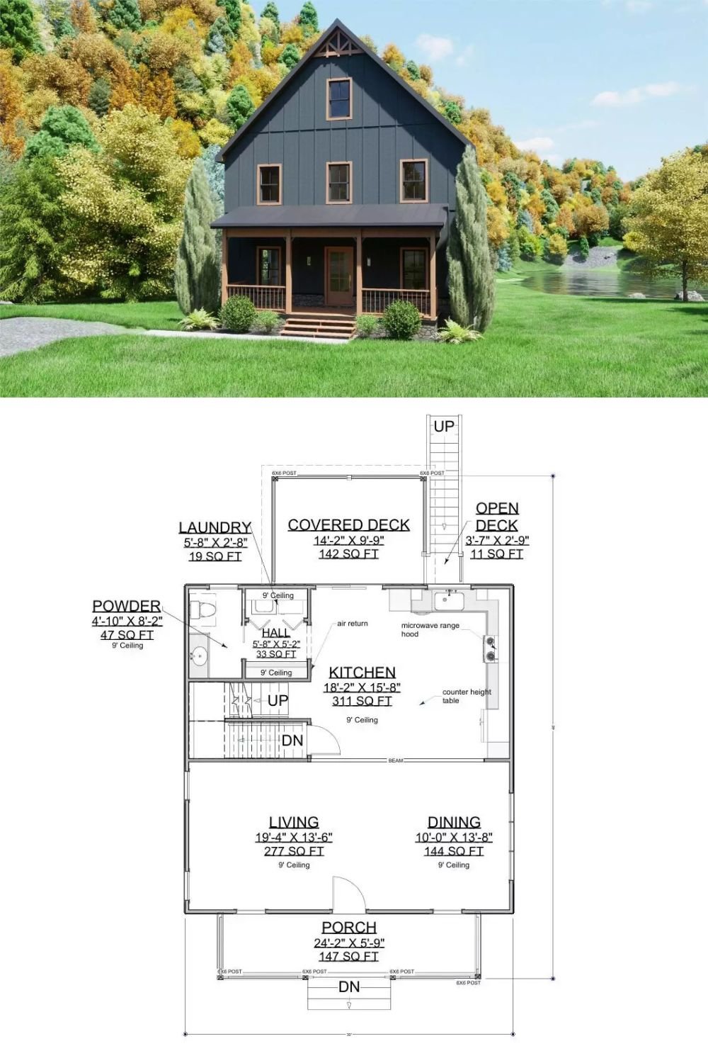 Country-Style 3-Bedroom Lindenfall Bend Home with Front Porch and Covered Deck (Floor Plan)