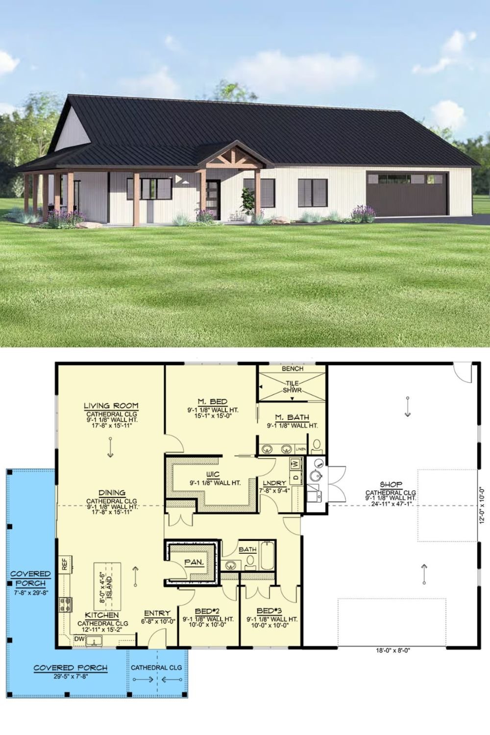 Modern 3-Bedroom Barndominium with Wraparound Porch and Open-Concept Living (Floor Plan)