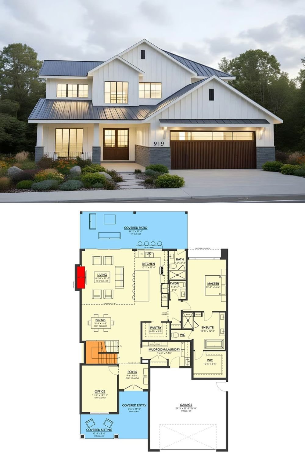 3-Bedroom Modern Farmhouse with Loft and Wet Bar (Floor Plan)