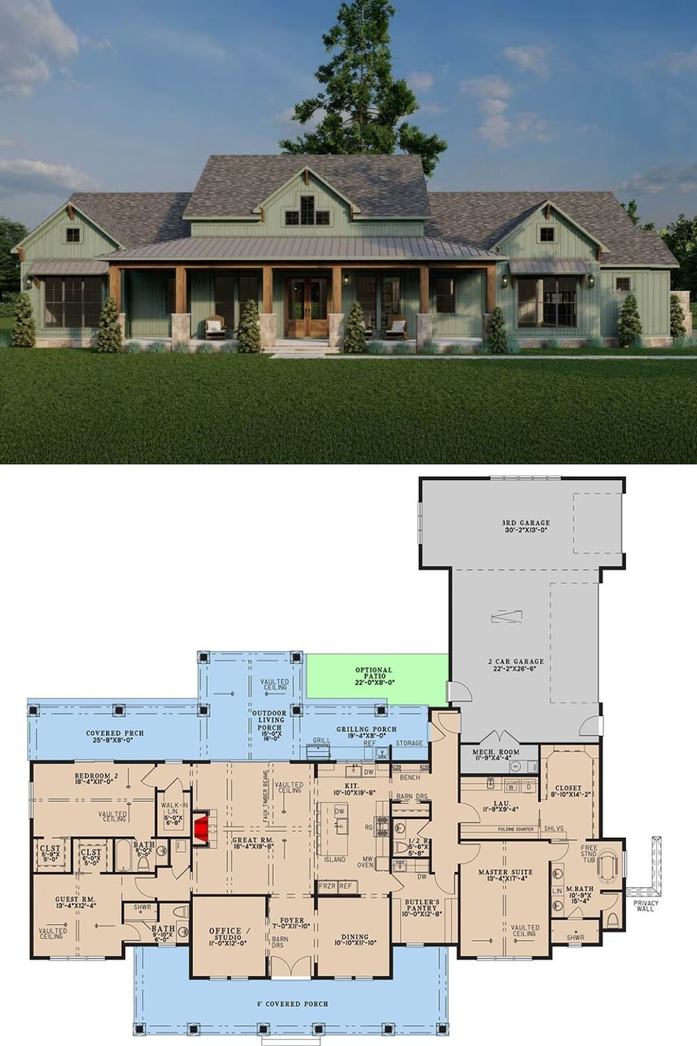 3-Bedroom Modern Farmhouse with Front Porch and 3-Car Garage (Floor Plan)