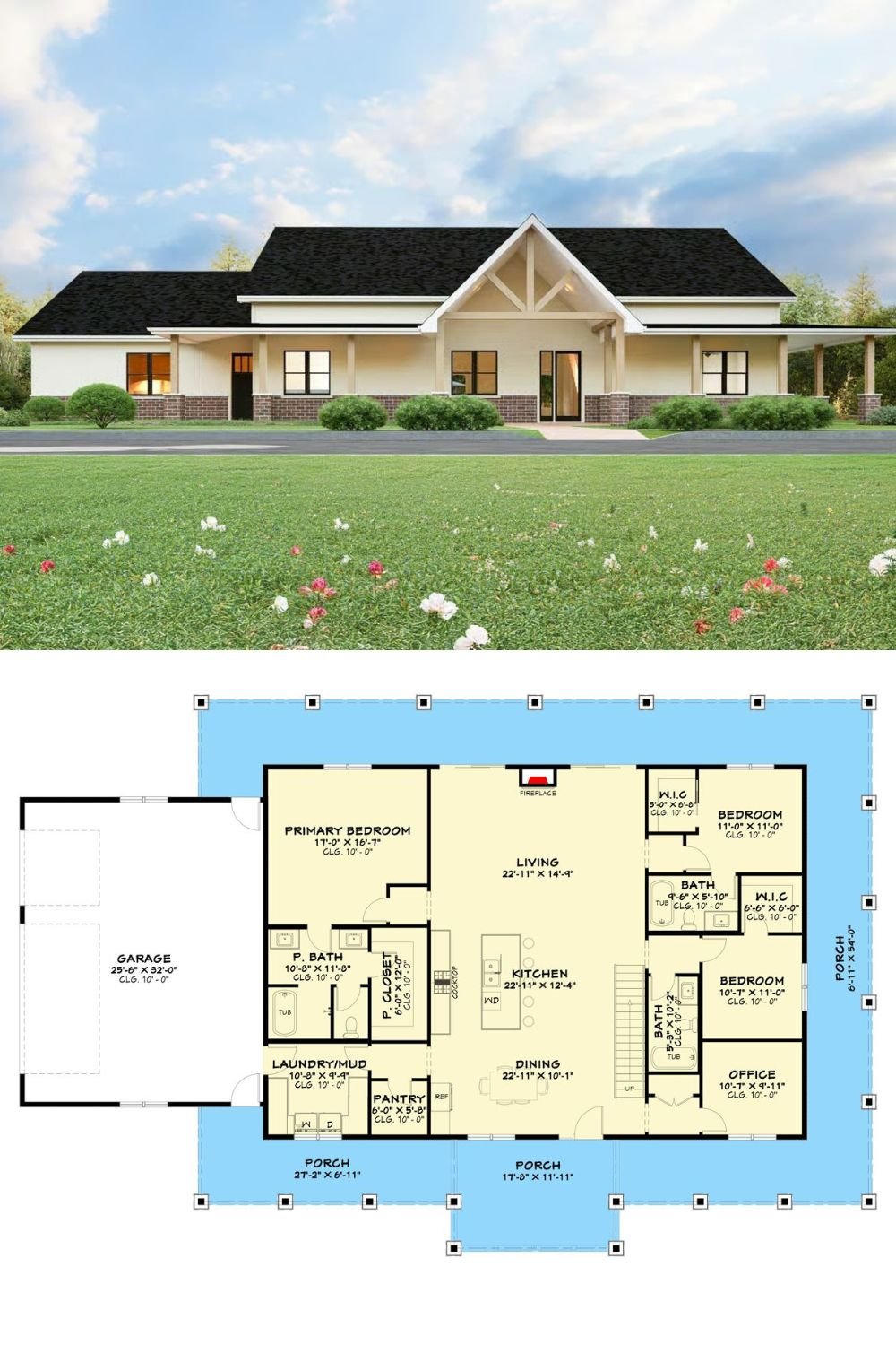 3-Bedroom Modern Farmhouse with Wraparound Porch and Bonus Room (Floor Plan)