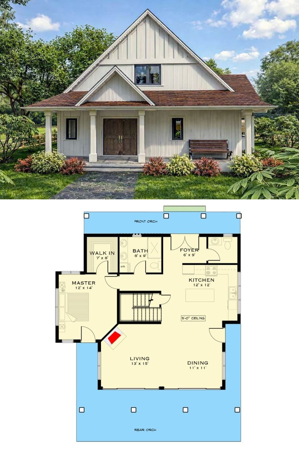 3-Bedroom Modern Farmhouse with Wraparound Porch and Open-Concept Living (Floor Plan)