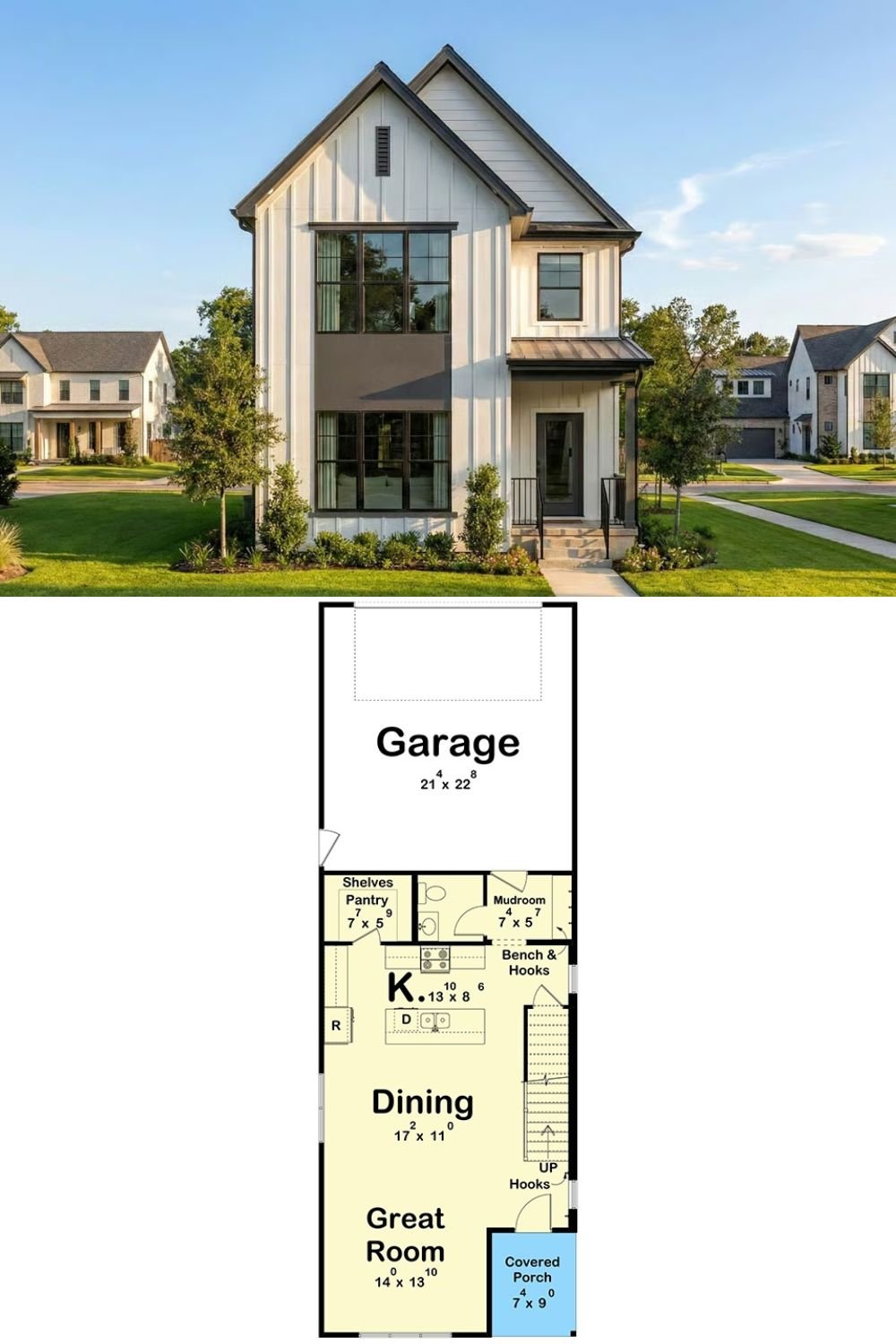 3-Bedroom Modern Farmhouse for a Narrow Lot with Double Rear Garage (Floor Plan)