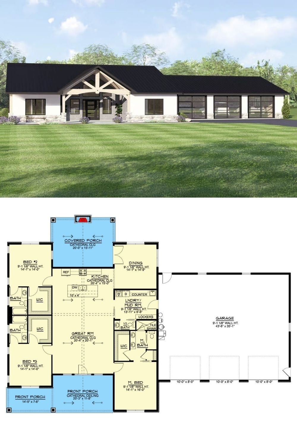 Modern 3-Bedroom Ranch with Front Porch and Covered Patio (Floor Plan)