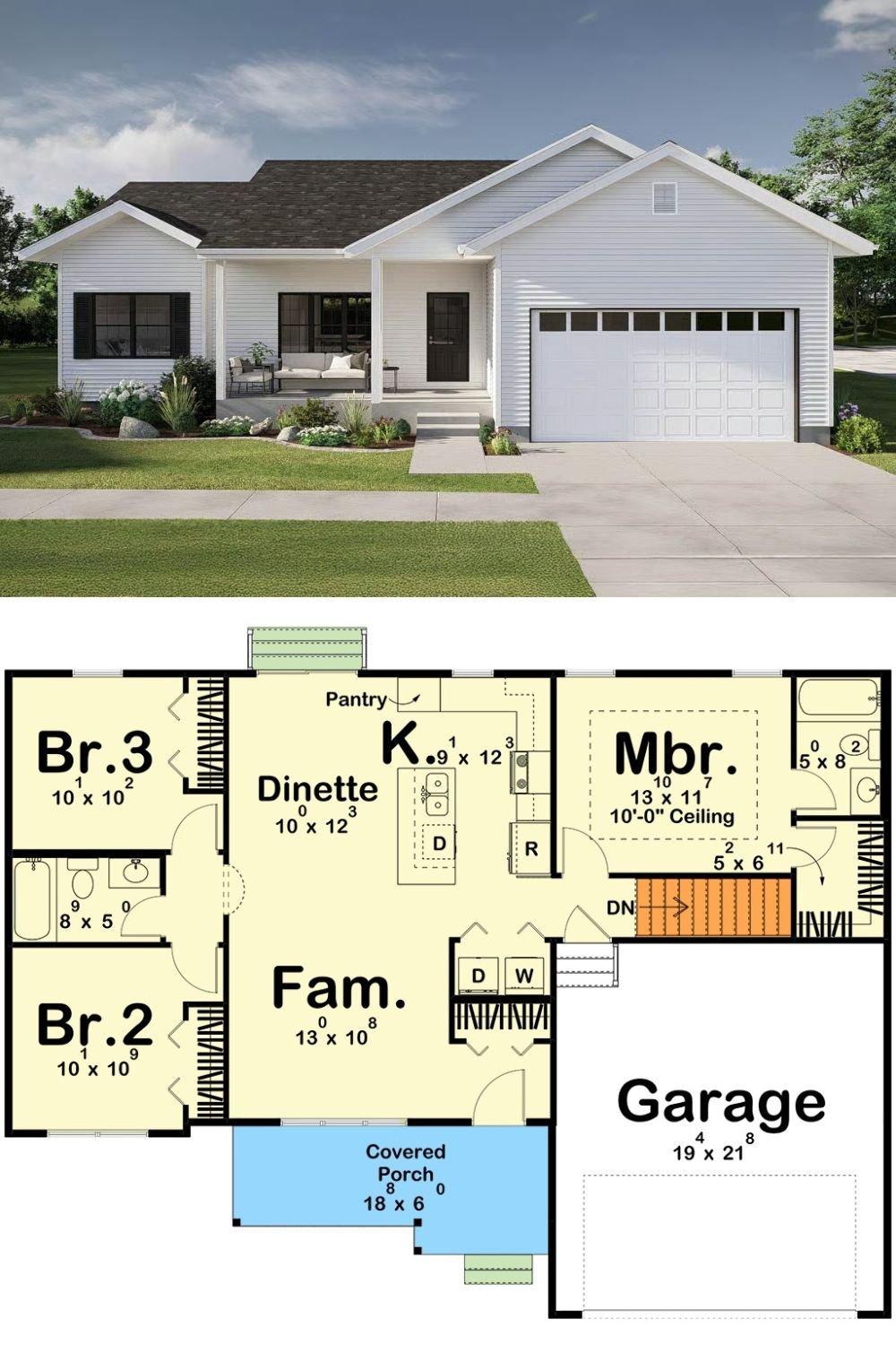 Ranch-Style 3-Bedroom Home with Front Porch and Double Garage (Floor Plan)