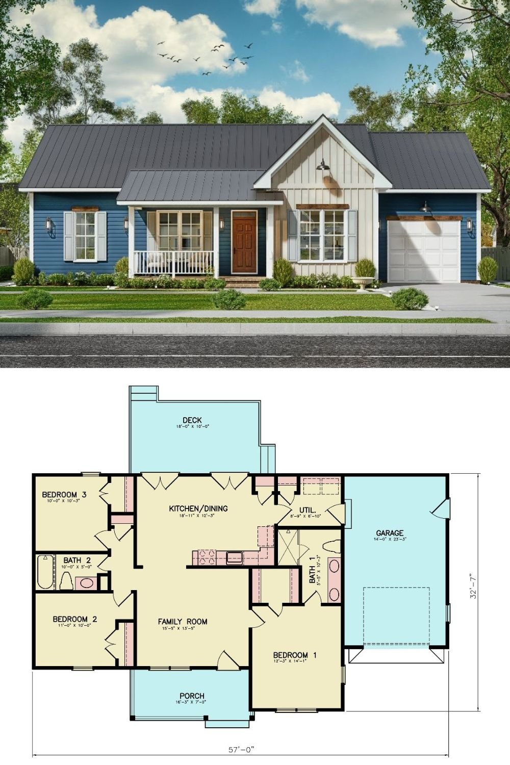 Traditional Georgia 3 Bungalow with 3 Bedrooms and a Front Porch (Floor Plan)