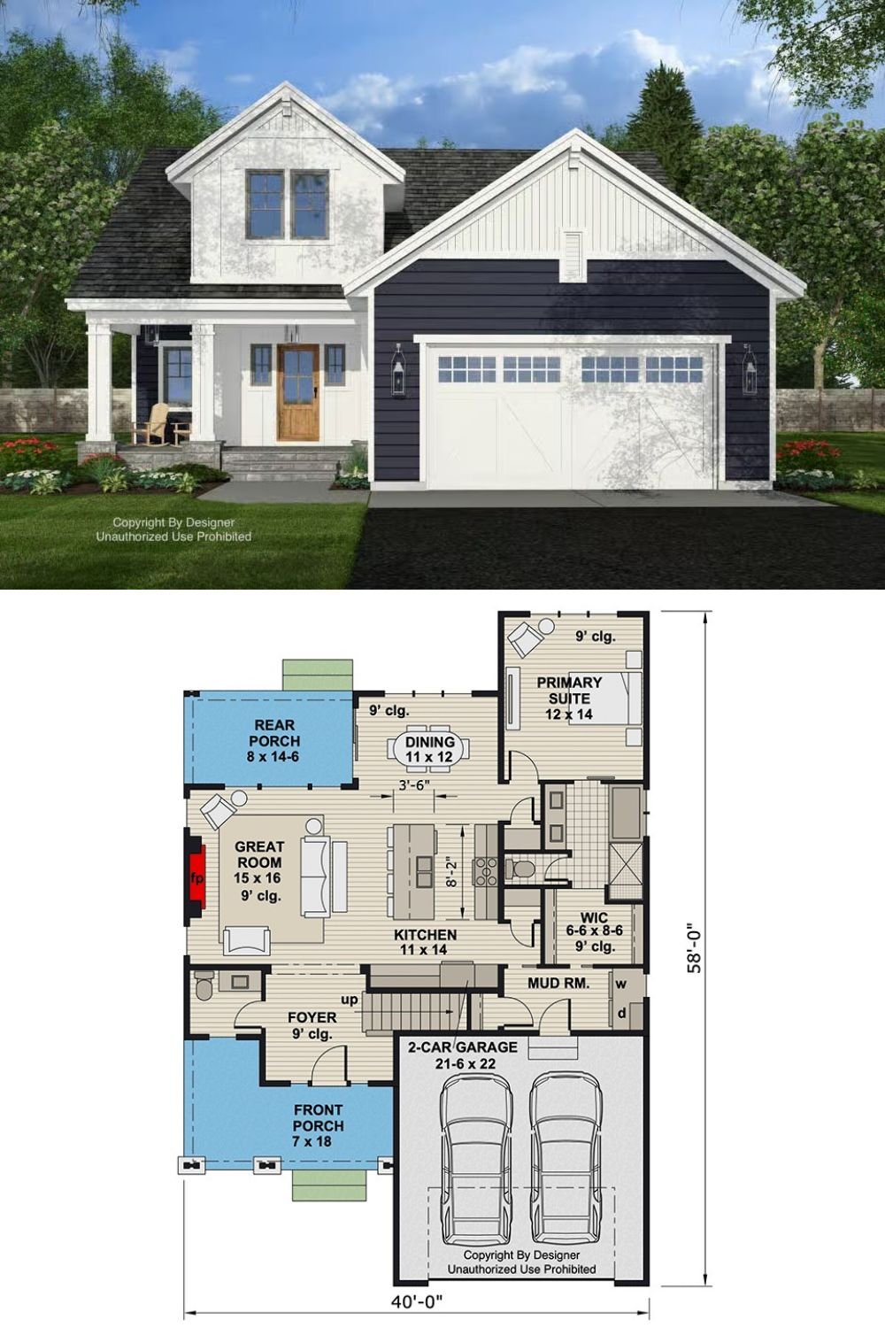 3-Bedroom Traditional Home with Loft and Front Porch (Floor Plan)