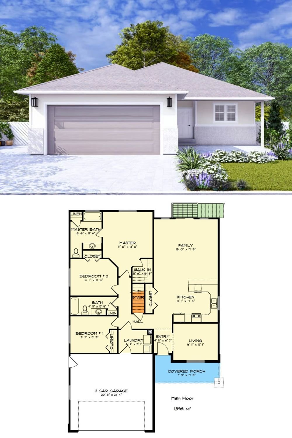 Traditional-Style 3-Bedroom Home with Front Porch and Lower Level Expansion (Floor Plan)