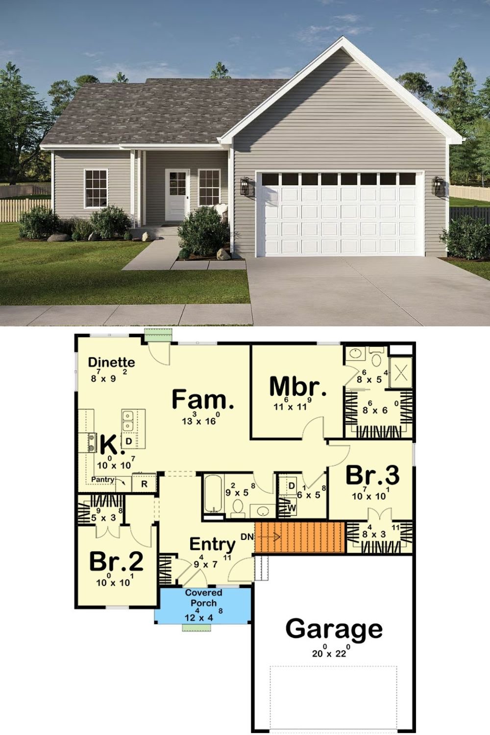 Traditional-Style 3-Bedroom Home with Front Porch and Double Garage (Floor Plan)